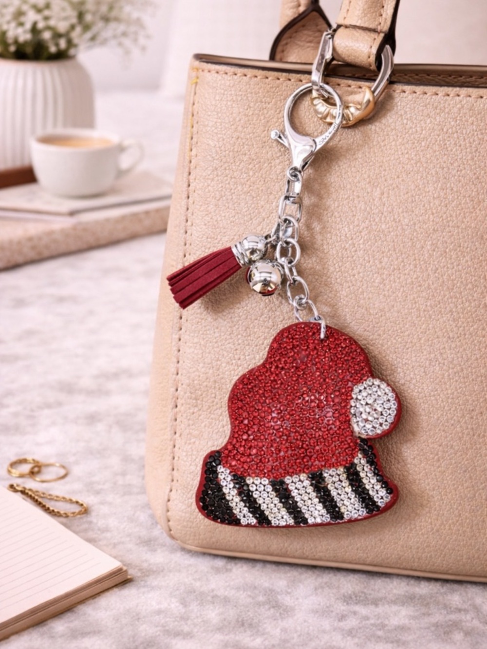 Christmas Hat Bag charm rhinestone bling charm keychain